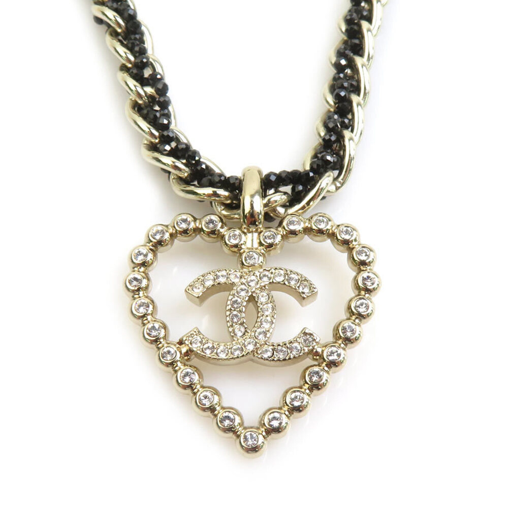 Chanel necklace, metal, rhinestone, gold, black, women's, h32533d